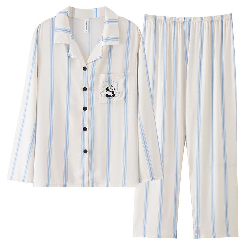 Ice silk pajamas women's 1011 new long-sleeved suit simple casual silk can be worn outside cool loungewear