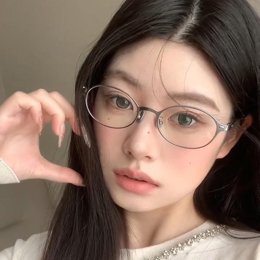 

Transparent Metal Oval Glasses Spicy Girl Optical Spectacle Eyeglass Blocking Glasses Daily Gold-Tawny