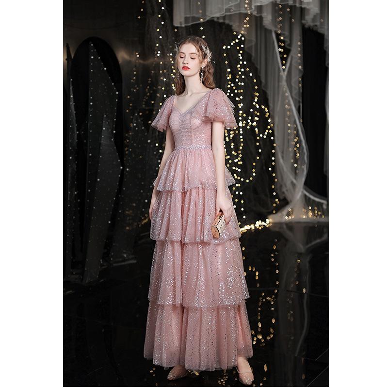 Starry sky pink bridal wedding toast 1011 new autumn and summer dinner annual meeting celebrity host evening dress