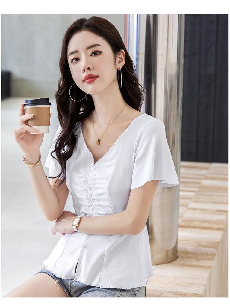 Frühling/Sommer 2025 Damen V-Ausschnitt Kurzarm T-Shirt - Koreanischer Stil mit süßen Rüschenärmeln