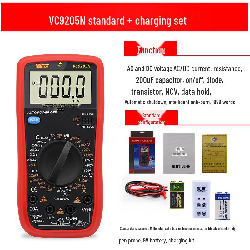 Shengde DT9205N High-Precision Digital Multimeter with Anti-Burn Protection and Auto Power-Off