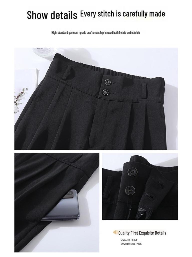 2025 Damskie Spodnie z Wysokim Stanem i Szerokimi Nogawkami Czarne: Wyszczuplający, Drapowany, Casualowy, Styl Wiosenno-Jesienny