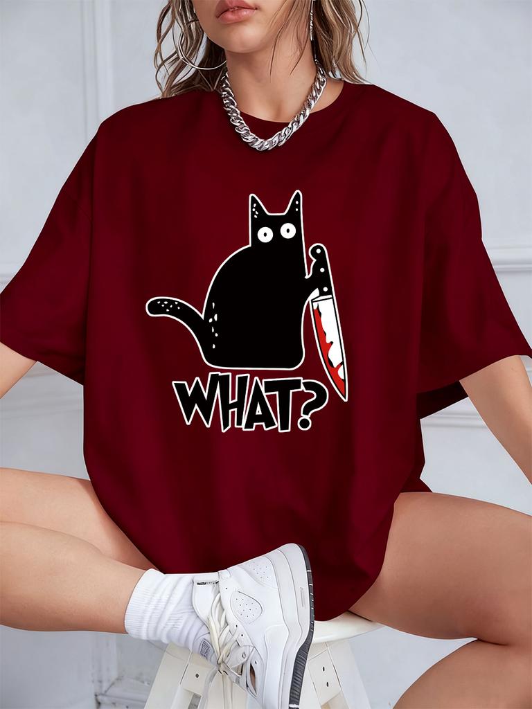 Schwarze Katze mit Messer Aufdrucken Kurzarm T-Shirts Damen Sommer Baumwolle T-Shirts Locker O-Ausschnitt Weiche Oberteile Streetwear