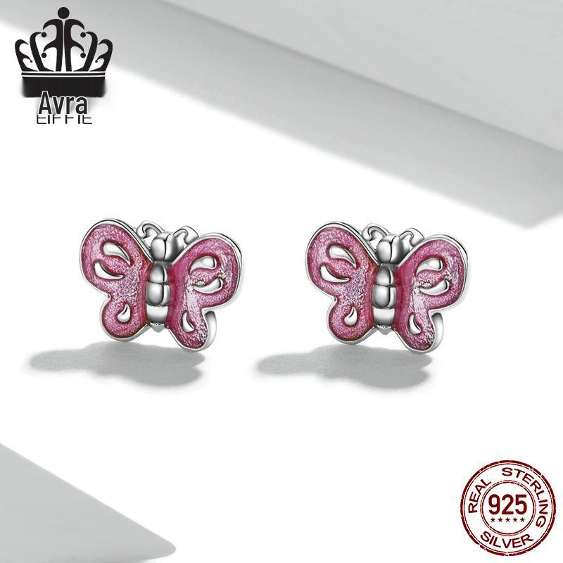 Aifle Sterling Silver S925 Pink Butterfly Earrings with Platinum-Plated Oil-Drop Design