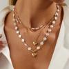 Sweet And Cool Style Metal Love Pendant Necklace, Temperament Imitation Pearl Beads Stacked Collarbone Necklace