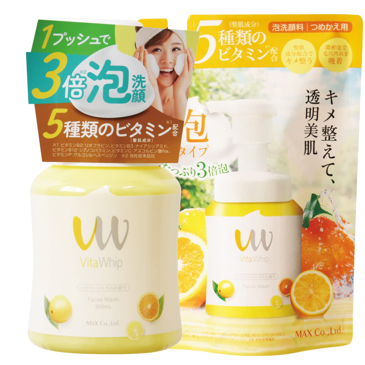 

Vita Whip Пенка для умывания 300 мл Флакон 250 мл Рефил Увлажняющая Пять Цитрусовых Сделано в Японии Очищающее средство, + Набор, Ниацинамид, Тройная пена, Витамины,