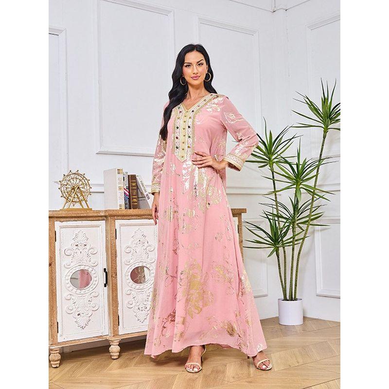 Middle East Spring New Arrival Bronzing Gem Fashion Robe Dubai Turkey Containing Belt Pink Dress Dress