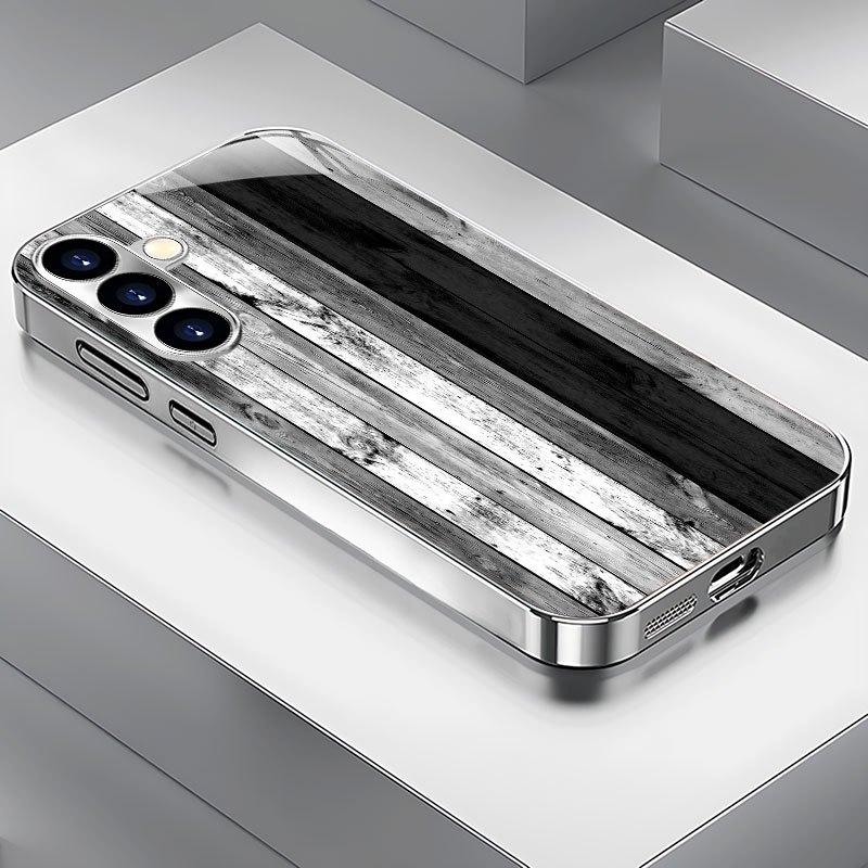 Gold-plated tempered glass phone case, compatible Galaxy S26 S25 S24 S23 S22 Ultra Plus. Features a black and white color scheme