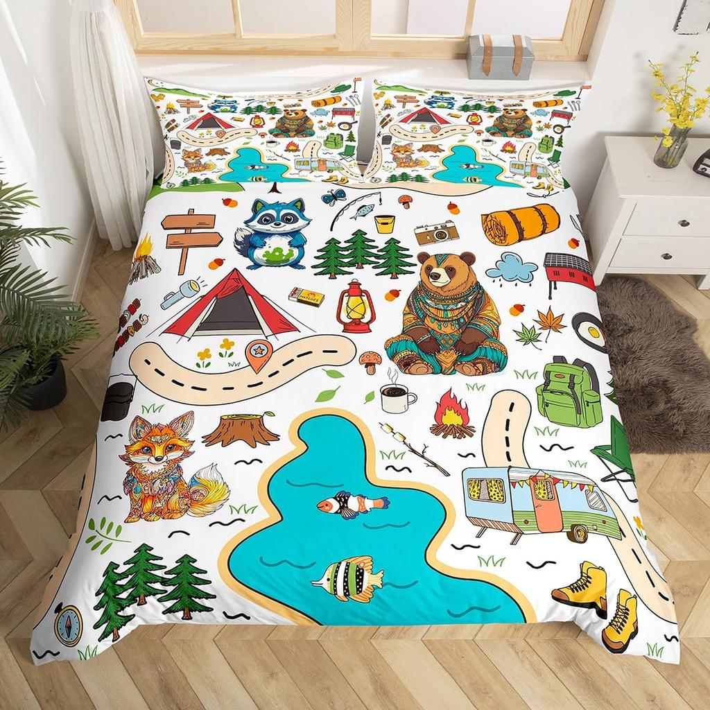 Camper Theme Duvet Cover Set for Teens Adults Kids Queen Size Quilt Cover with 2 Pillowcase Bonfire Evening Bedding Set 3 Pieces