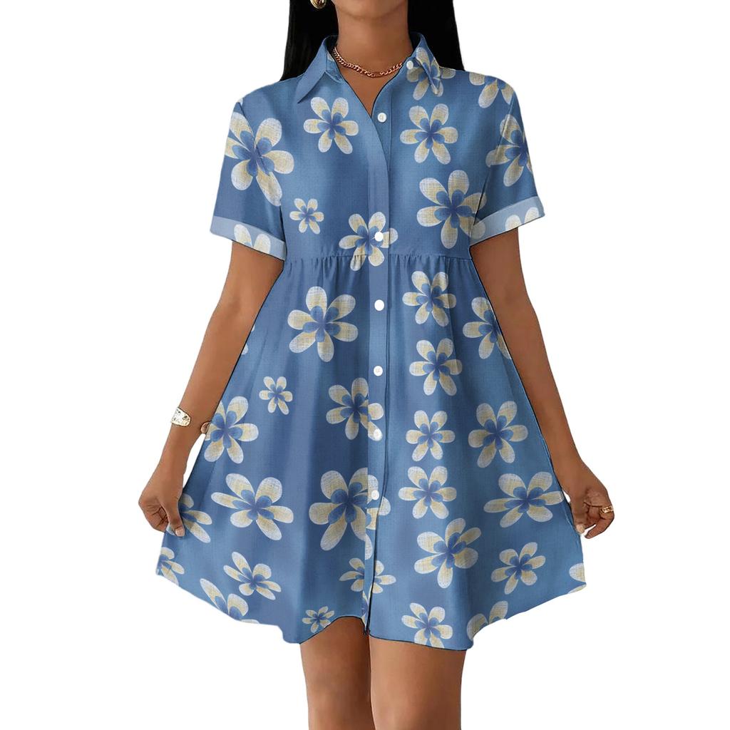 Casual Loose Fit Shirt Dress for Women Button Front Short Sleeve Collared Dress with Printed Hemline Border Design