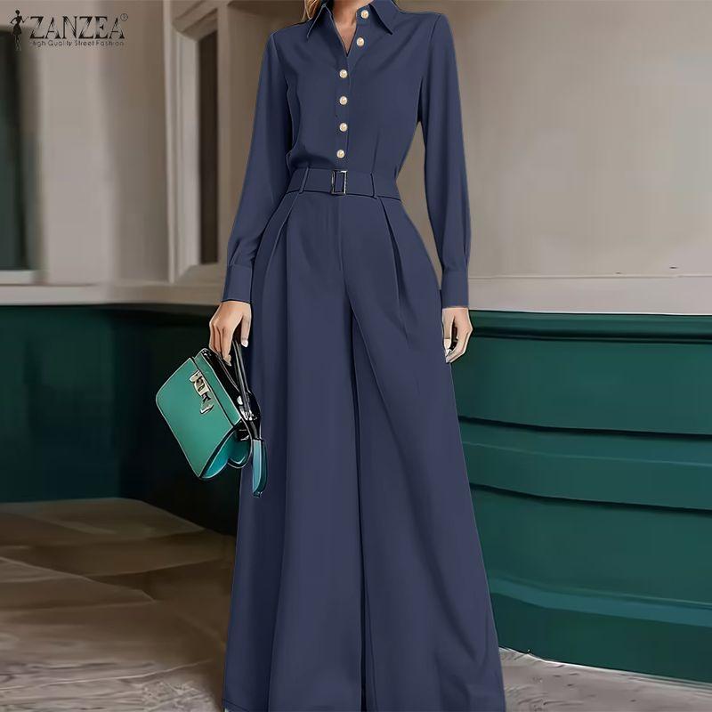 ZANZEA Women Long Sleeve Blouse and Wide Leg Pants Elegant Two Piece Suit Sets