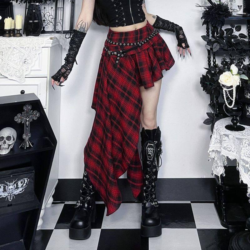 25323 Dark Style Irregular Plaid Skirt 2025 New Gothic Style Sexy Hot Girl Fashion Versatile Skirt Pvc Lattice S