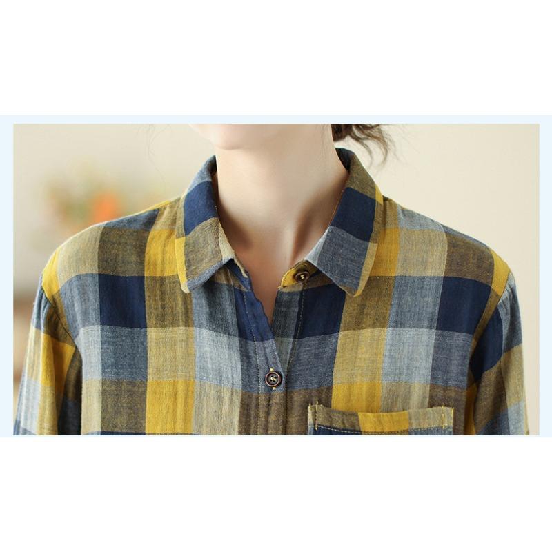 Long Sleeve Lapel Button Down Chest Pocket Shirt Women Art Retro Loose Double-layer Cotton Yarn Plaid Shirts Top for Women