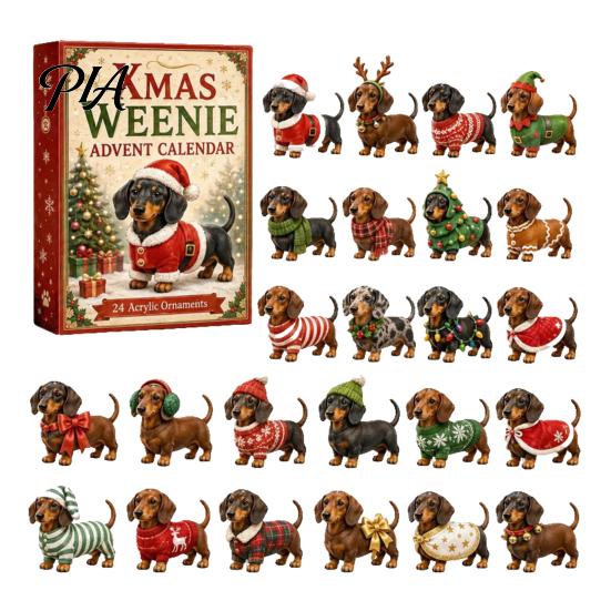 Saisonaler Countdown-Kalender 2026 Weihnachten Dackel Adventskalender, 3D Sammler-Schmuckset Kreative Raumdekoration mit 24 Mini-Hundefiguren,