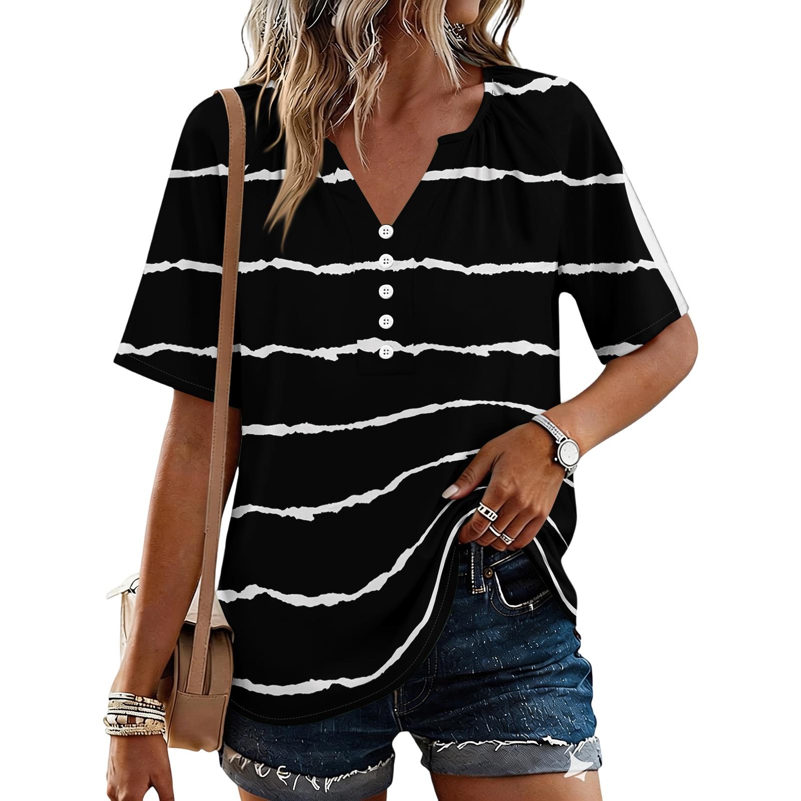 Women s Fashionable Casual Floral Print Button V-neck Short-sleeved Top M