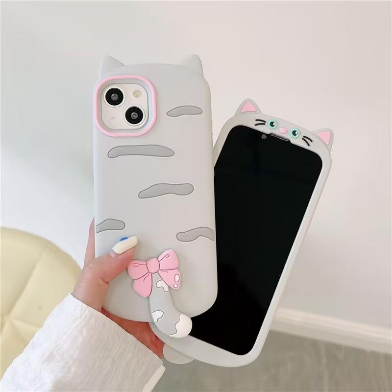 3D Cat Ears Tail Silicone Phone Case for Samsung Galaxy S23 S24 S25 S26 Ultra FE A56 A55 A36 A35 A26 A17 A16 A24 A25 A26 and iPhone 17 16 15 14 13 12