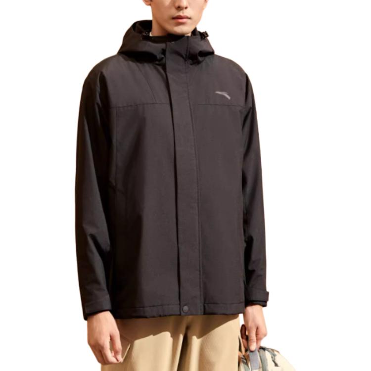 Anta Three-In-One Two-Piece Detachable Hooded Solid Color Zipper Warm Waterproof Jacket Men Outerwear Black 152447629-5