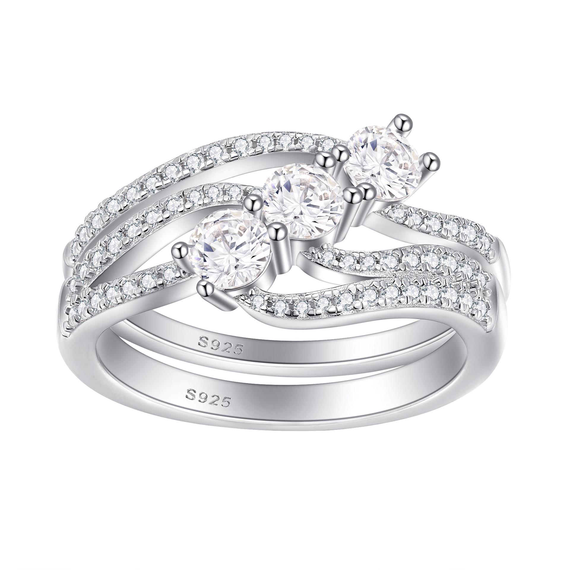

925 Sterling Silver European-American Zirconia Two-Piece Ring Set - Light Luxury Fashion Jewelry US Size 10
