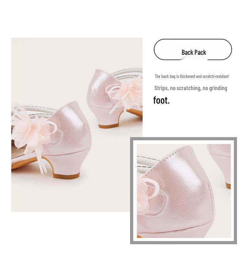 Girls' Pointed Toe Flower Princess Sandals - Chunky Heel, Hollow Design for Spring/Summer 2025
