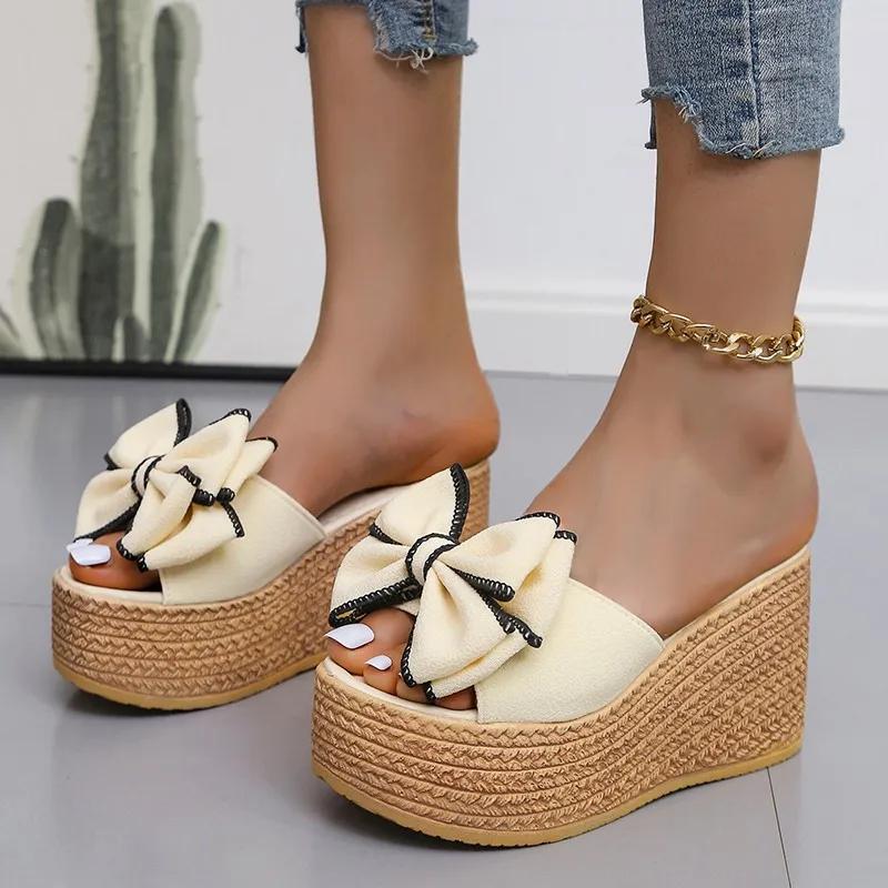 Fashion 2025 Women Slippers Fashion Pee Toe Summer Footwear Luxury Butterfly-knot High Heels Slides Platform Wedges Ladies Shoes Round