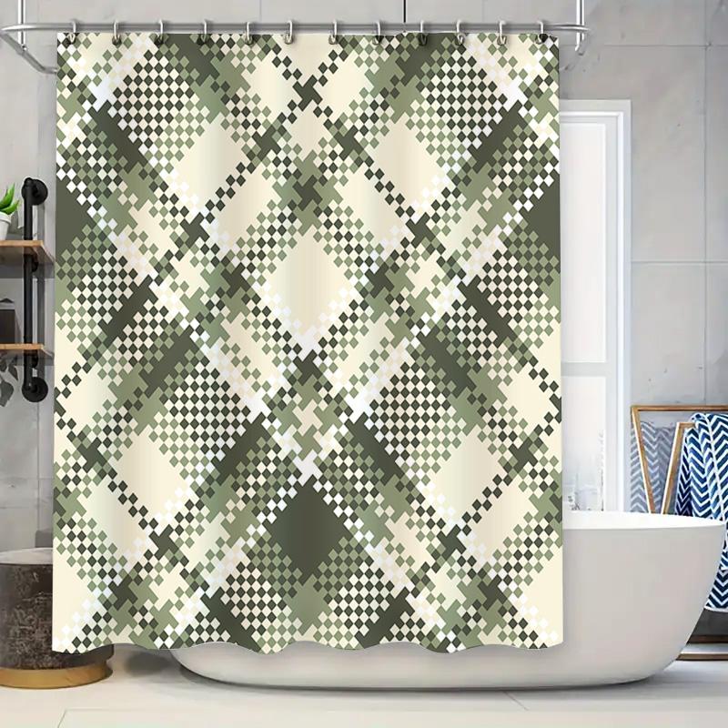 

Modern Geometric Shower Curtain Camouflage Print For Bathroom Decorations White Green Checkered Design Water-Resistant Fabric Av W60H190(CM)-1 Pcs