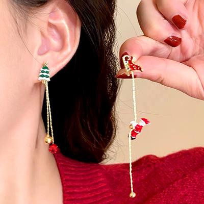 1 Çift Moda Eşsiz Simli Küpe Asimetrik Uzun Püsküllü Noel Baba Ayarlanabilir Noel