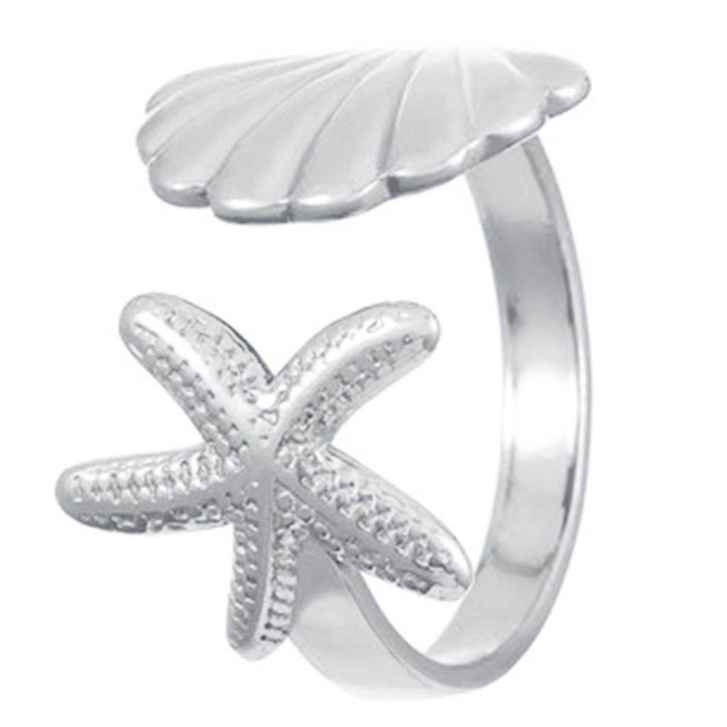 Stainless Steel Starfish & Seashell Open Ring - Ocean Holiday Style Jewelry for Women