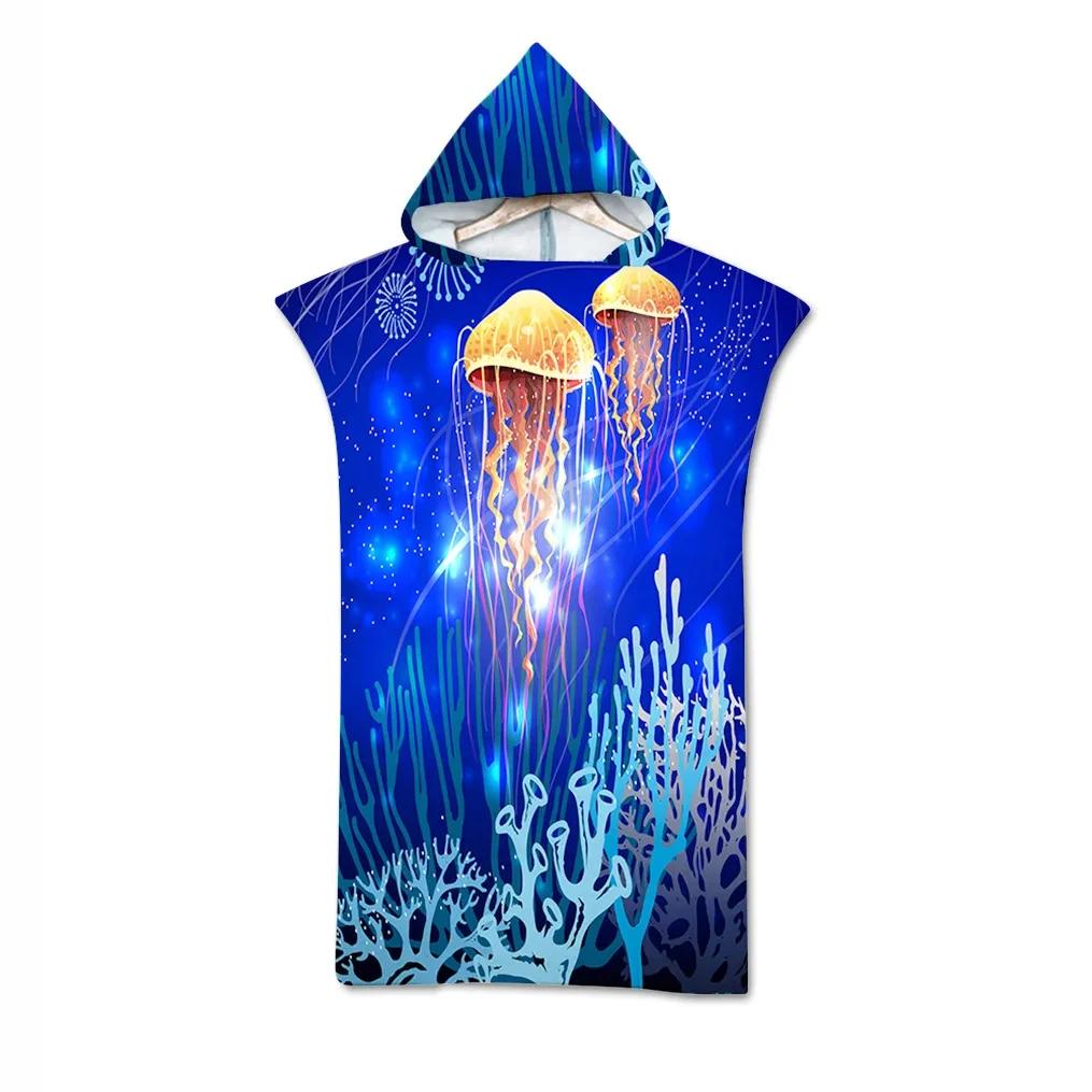 Jelly Fish Bath Beach Towel with Hood Microfiber Soft Hooded Robe Towel Poncho for Swimming Beach Surf Woman Bathrobe Beachwear