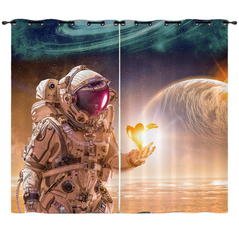 Curtains Starry Sky Astronaut Digital Printed Curtains Blackout Punched Bedroom