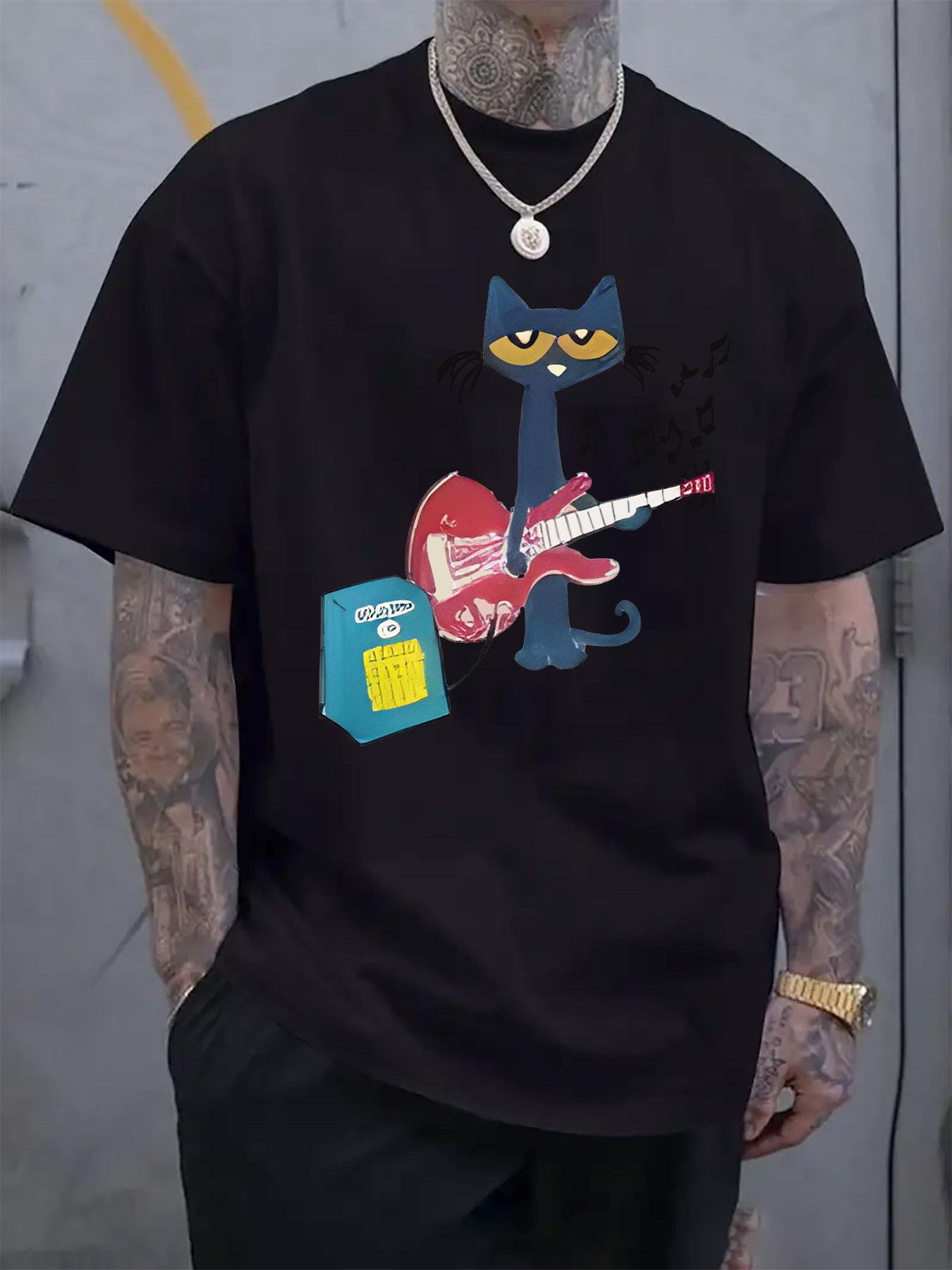 

Rockstar Black Cat Graphic T-shirt - Casual Short Sleeve Round Neck Tee with Music Notes & Guitar Design XXXXL