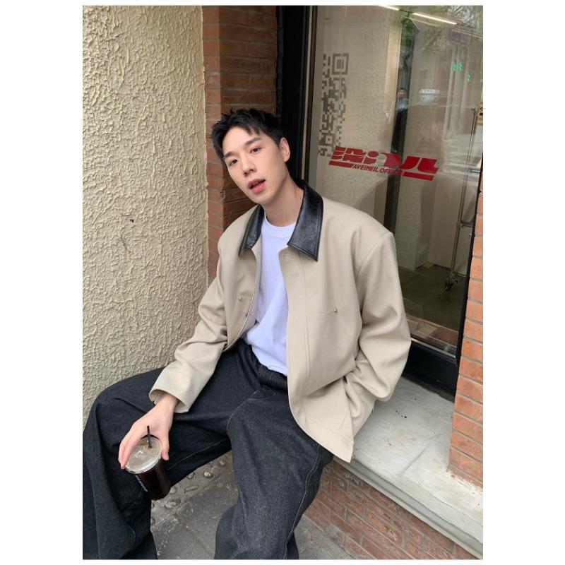 Korean Style Loose Short Turn Down Collar Leather Patch Jacket For Men