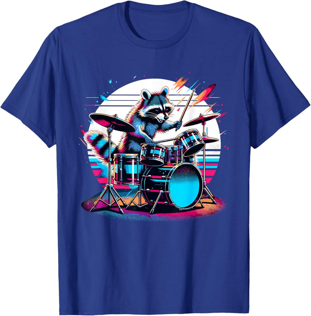 Raccoon Drummer Musician Retro Graphic TShirt Breathable Casual Cotton Tee