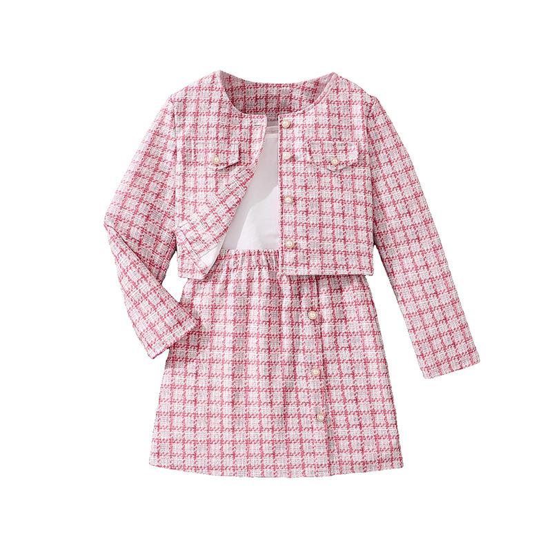 Modieuze Geruite Set voor Meisjes voor de Herfst: Kinderen Cardigan Jas met Lange Mouwen + Tanktop + Rok Set