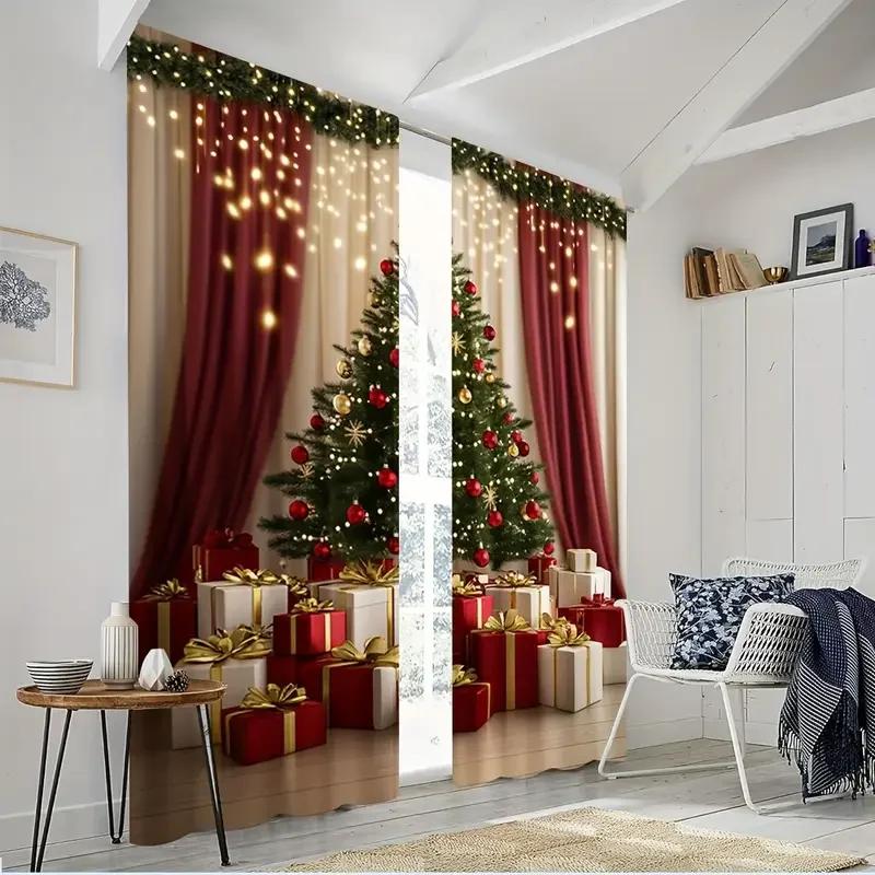 2pcs Christmas tree gift curtains   pole pocket design   privacy protection   suitable for decorating various scenes