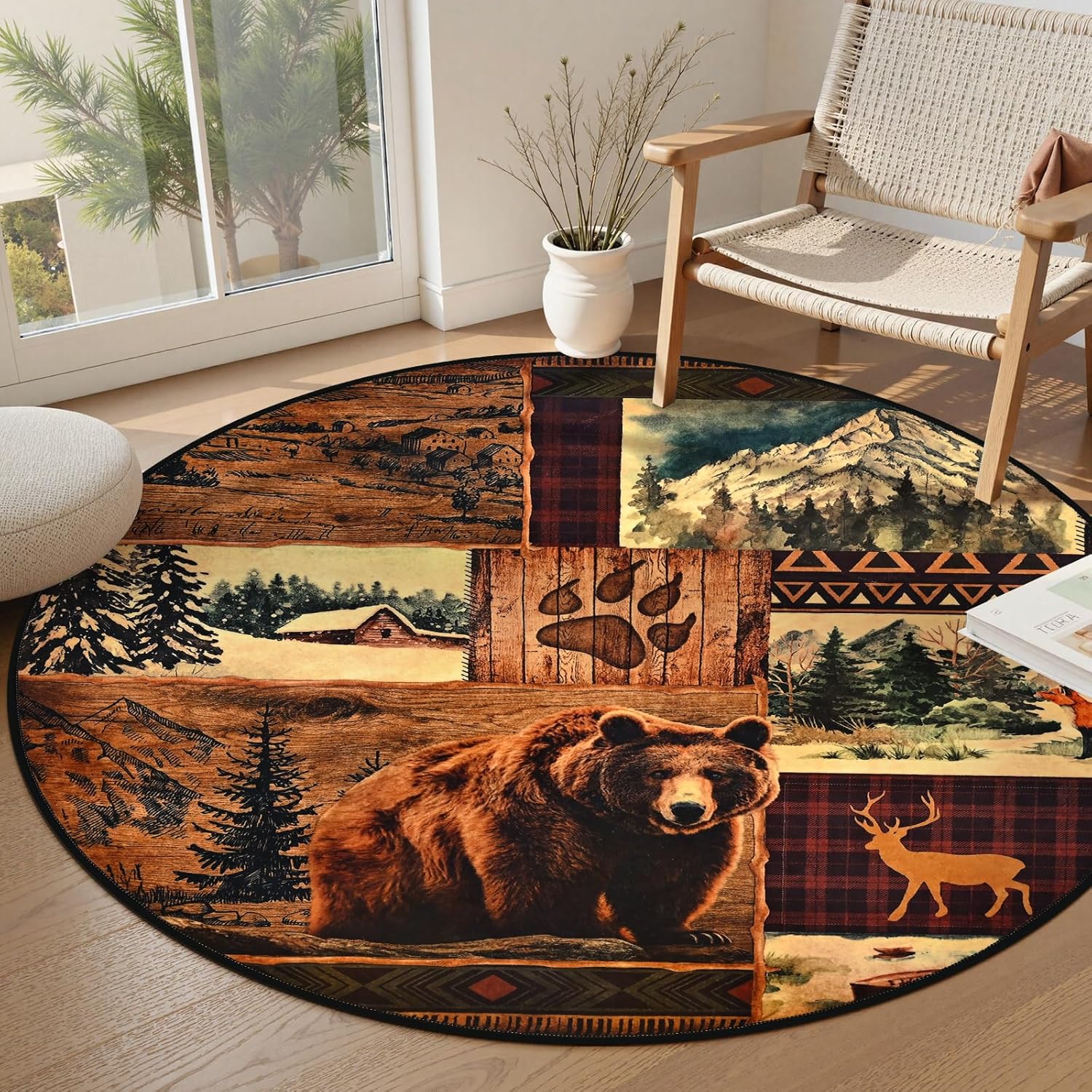 Lodge Patchwork Round Rug Bear Mountain Cabin and Tribal Elements for Cabin Style 60cmx60cm