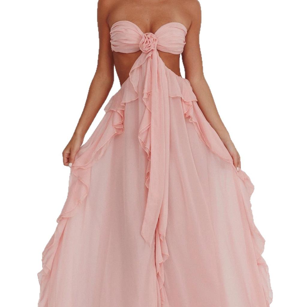 In Stock European and American Cross-border Hot Style Backless Sheer Chiffon Tie Ruffle Women's Sexy Strapless Ruffled Long Dress