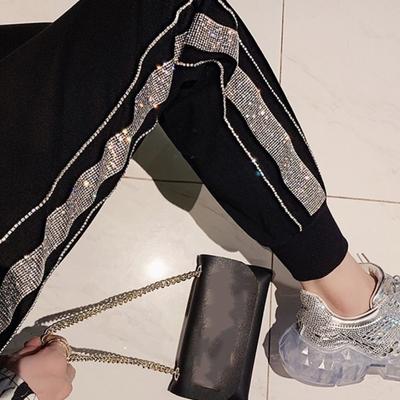 Frühling und Herbst Damen Hosen Strass hoch taillierte Haremshosen lose dünne vielseitige schwarze Hosen