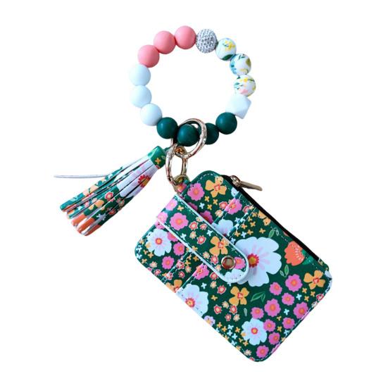 Ladies Floral Wristlet Wallet Boho Style Coin Purse Keychain with Tassel Elastic