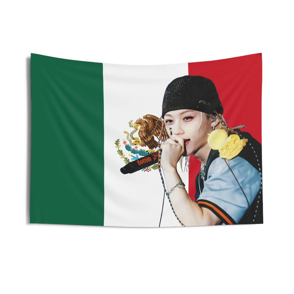 1 Skz Felix Kpop Mexican Flag Pink Star Design Tapestry Wall Hanging Korean Pop Music Fan Birthday Decoration