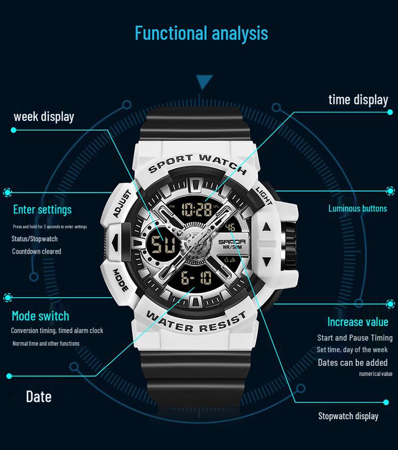 Sanda Men's Dual Display Waterproof Sports Watch: Multifunctional, Luminous, Fashionable, and Versatile for Outdoor Activities.