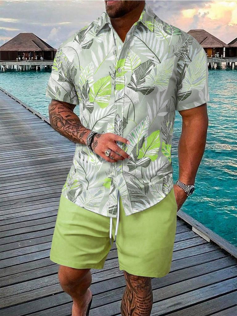 Sommer Strand 2-teiliges Hemd Set Herren Lässig Tropischer Print Kurzarmhemd Und Shorts Set Tropisches Hemd Herren Urlaubs Sets