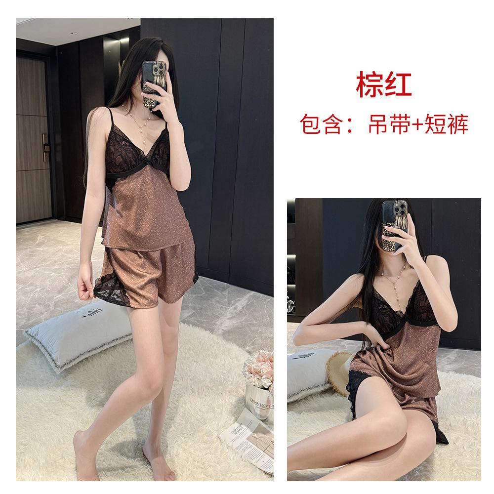 Maillard lace satin pajamas women's summer with chest pads, suspenders, shorts, loungewear set, sexy thin pajamas