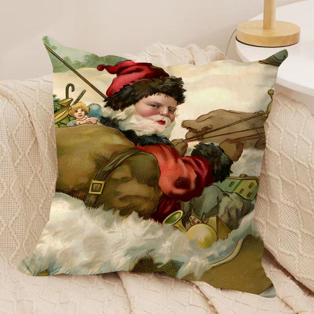 Retro Christmas Santa Claus Cushion Cover Silky Short Plush Invisible Zipper Dustproof Sofa Pillow Case For Home Decor