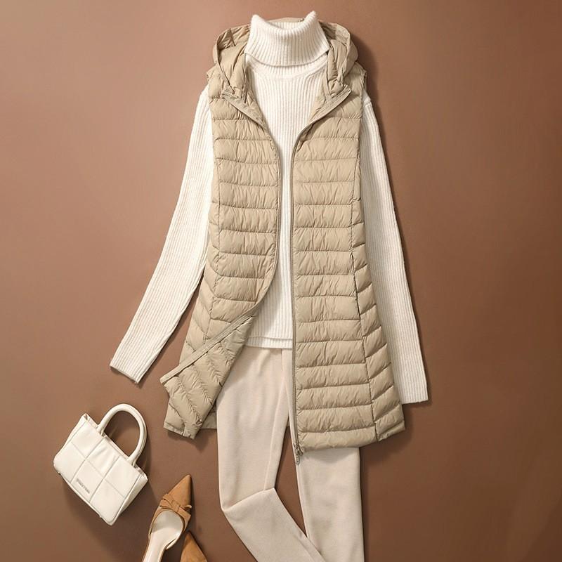 

Women s Autumn/Winter Lightweight Hooded Down Vest Mid-Length Slim Sleeveless Sports Jacket XS хакі