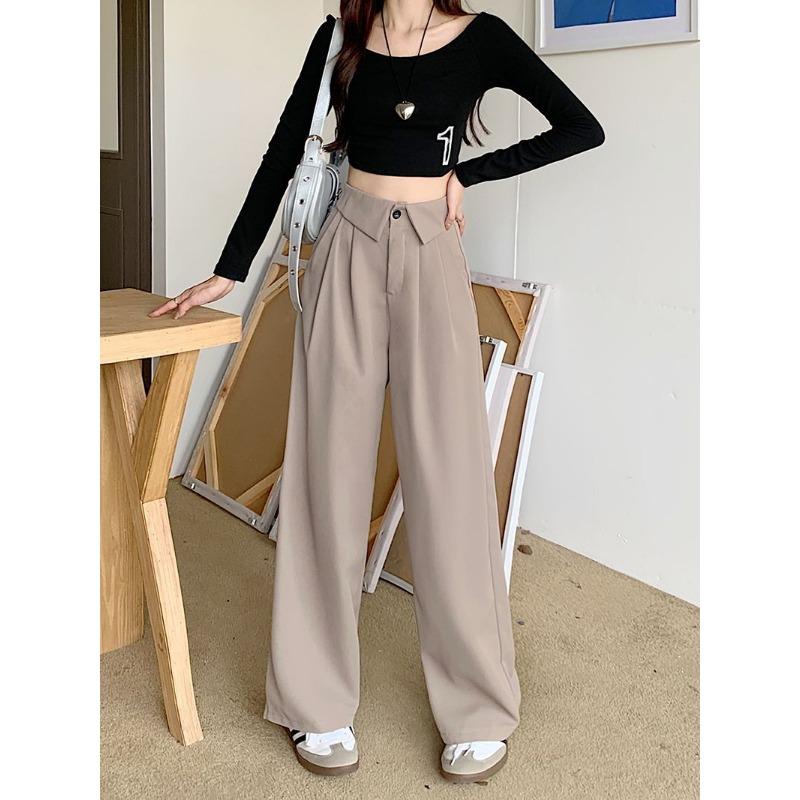 Women Turn Down Collar High Waist Wide Leg Straight Long Casual Suit Pants