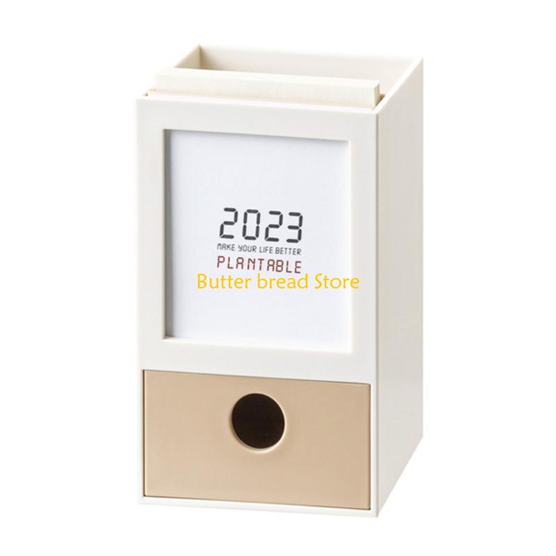 W89C Pen Holder with Desk Calendar Large Capacity Pencil Holder Drawer Desk Organizers Pencil Cup School Office Supplies