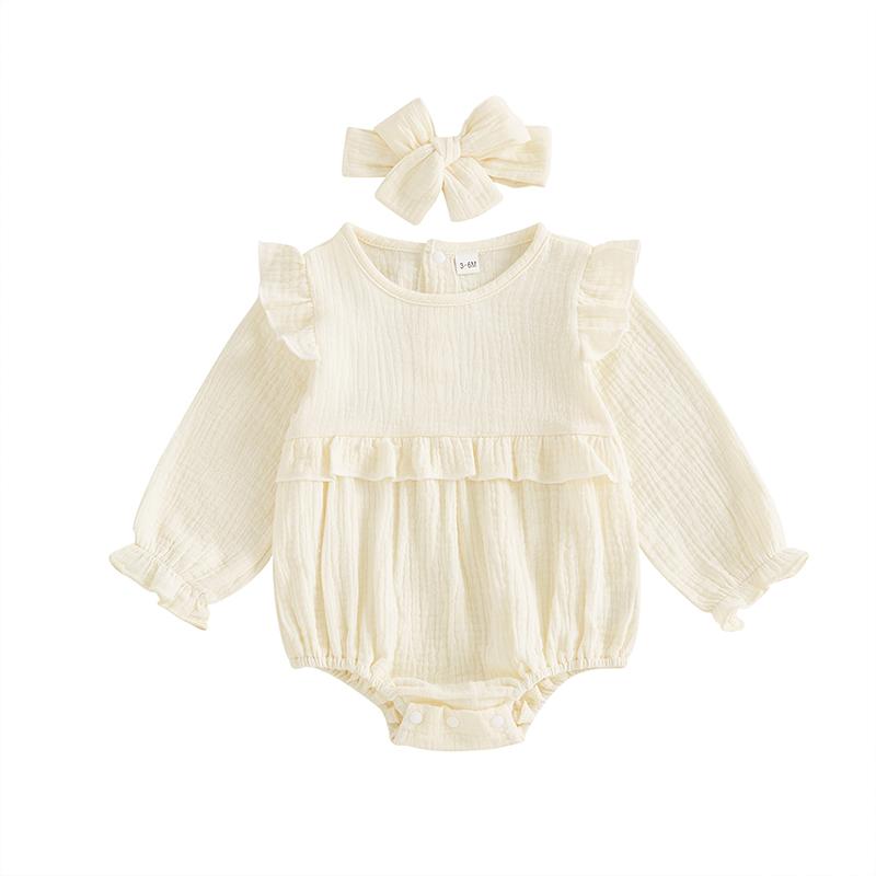 Baby Girl 2Pcs Fall Outfits Long Sleeve Solid Color Ruffle Romper with Headband Set Infant Clothes