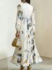 Elegant European Long Sleeve Printed V-Neck Mid-Length Vacation Dress 2025