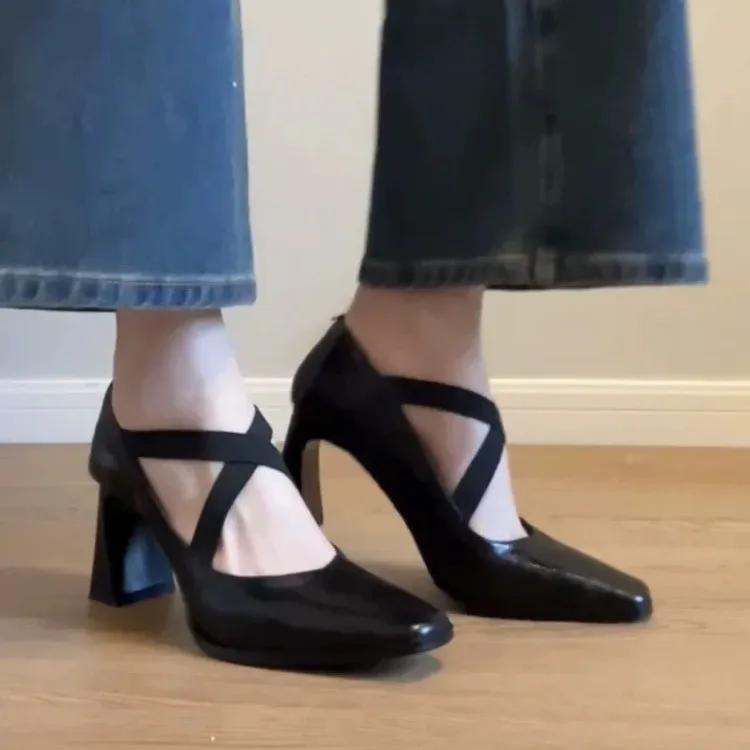Fashion 2025 Spring And Summer New Cross Elastic Band Retro Thick Heel Mary Jane One Foot High Heels Women Singles Pointed Ballet Shoes