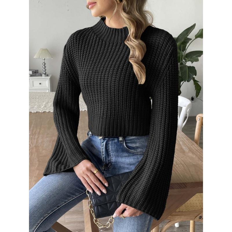 Women S Cropped Mock Neck Flared Sleeve Pullover Sweater